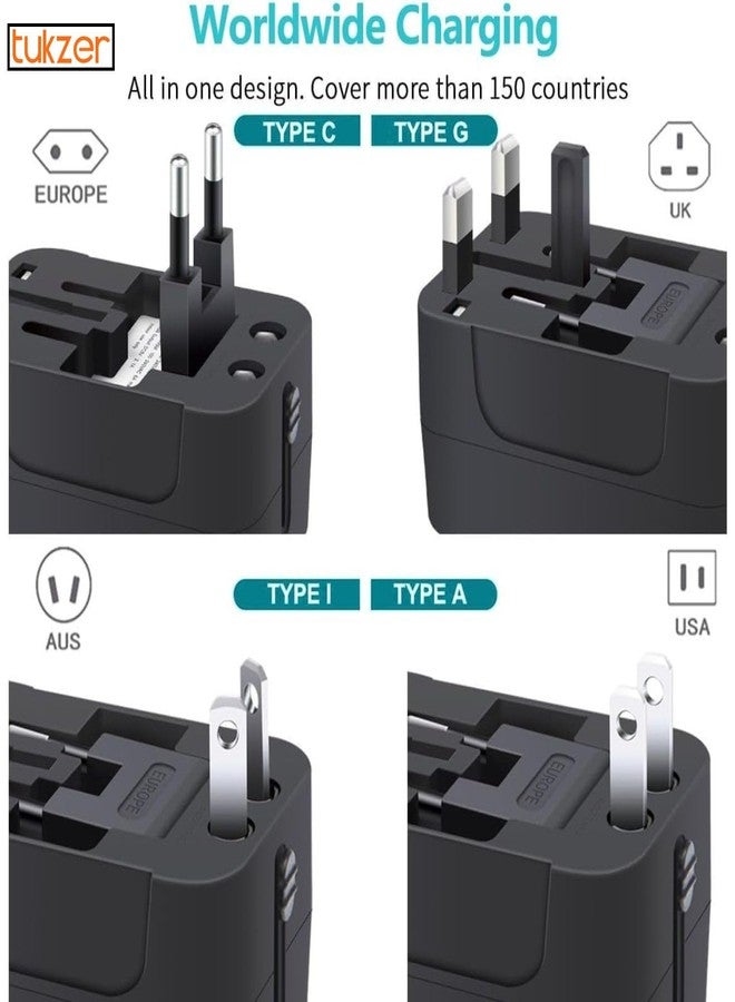 توكزر محول سفر عالمي من توكزر مزود بمنفذ إخراج USB-A بقوة 18 واط ومنفذ USB-C PD بقوة 20 واط، ومقبس عالمي، محول شحن سريع دولي متكامل لشحن أجهزة الكمبيوتر المحمولة/ماك بوك والهواتف المحمولة - أسود - Image 4